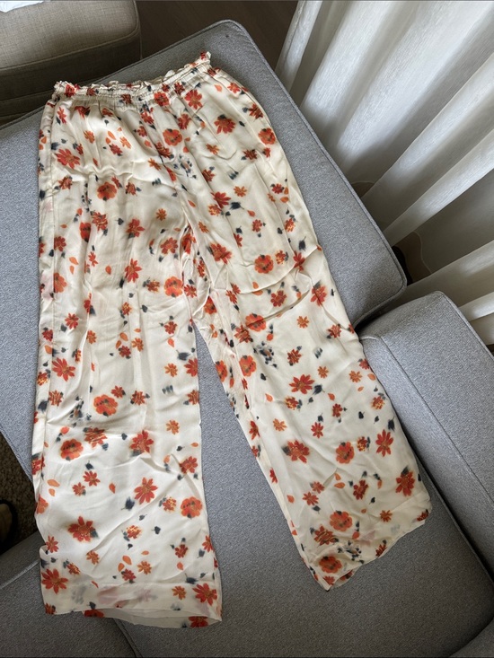rag & bone Pants - rag & bone Cream Wide-Leg Floral Pants with Orange Blooms
